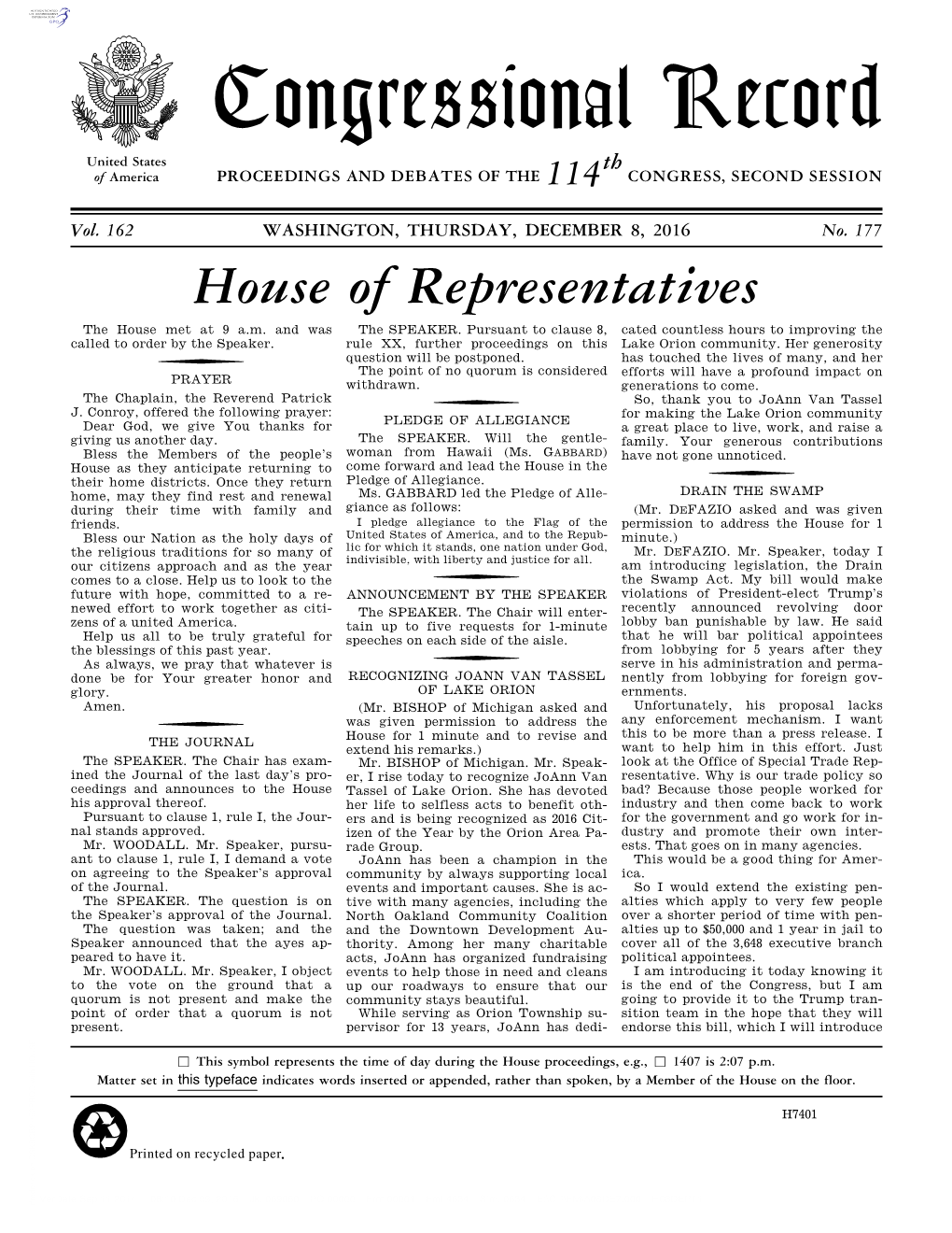 Congressional Record United States Th of America PROCEEDINGS and DEBATES of the 114 CONGRESS, SECOND SESSION