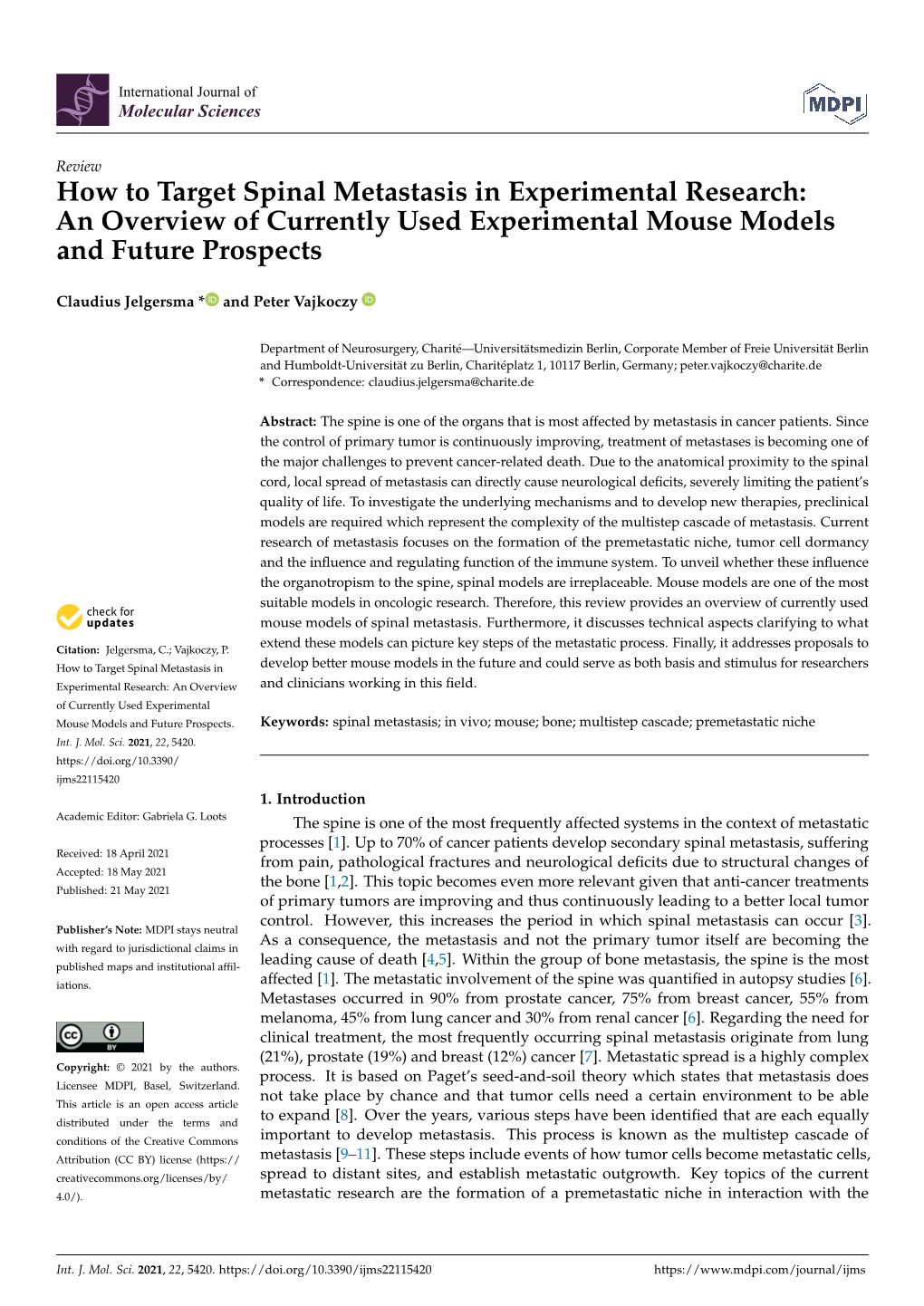 How to Target Spinal Metastasis in Experimental Research: an Overview of Currently Used Experimental Mouse Models and Future Prospects