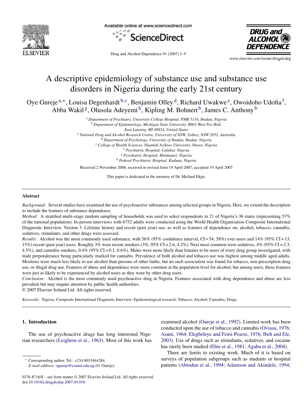 Gureje a Descriptive Epidemiology of Substance Use.Pdf