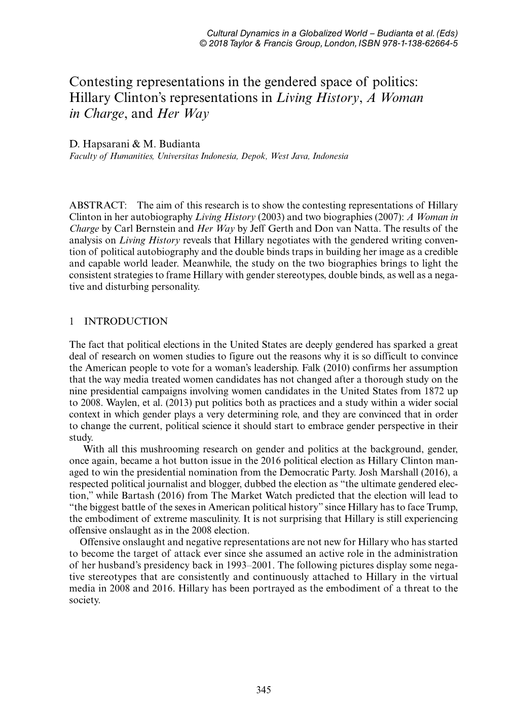 Contesting Representations in the Gendered Space of Politics: Hillary Clinton’S Representations in Living History, a Woman in Charge, and Her Way