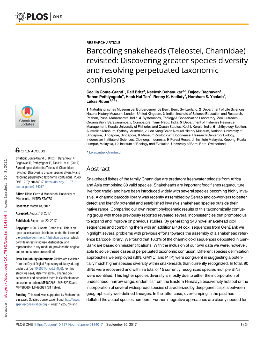 Barcoding Snakeheads (Teleostei, Channidae) Revisited