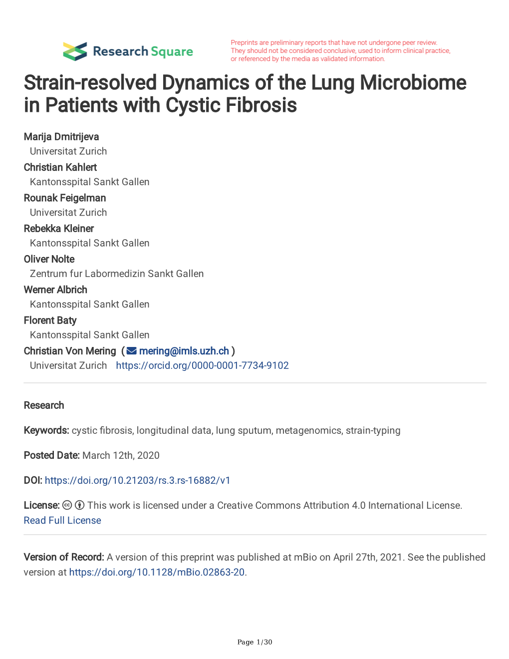 Strain-Resolved Dynamics of the Lung Microbiome in Patients with Cystic Fibrosis