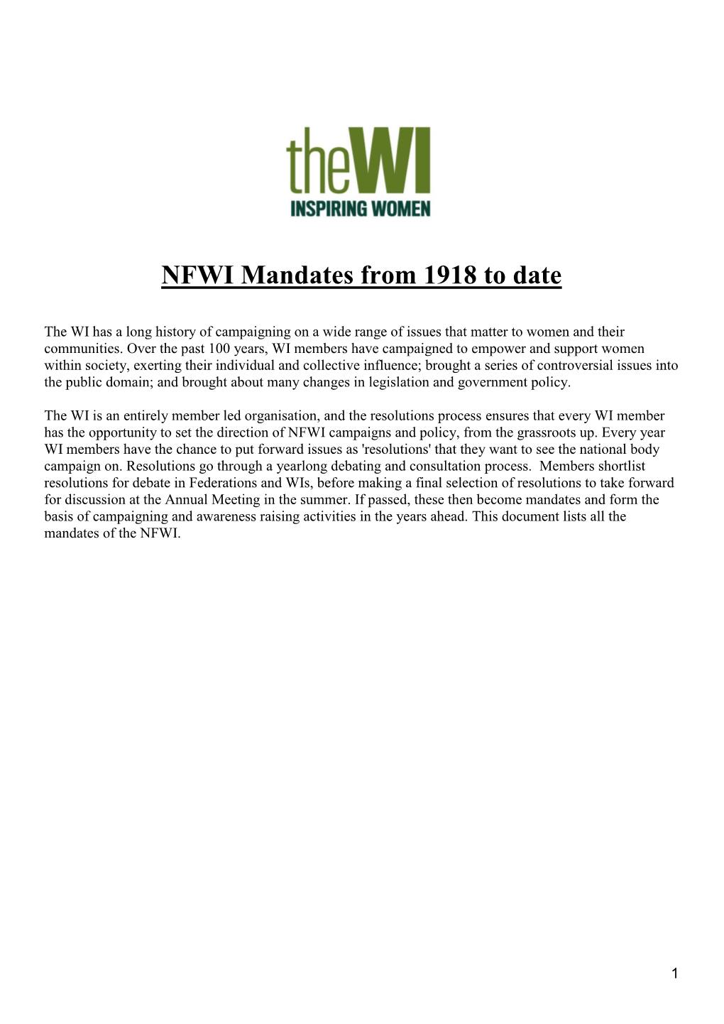 NFWI Mandates from 1918 to Date