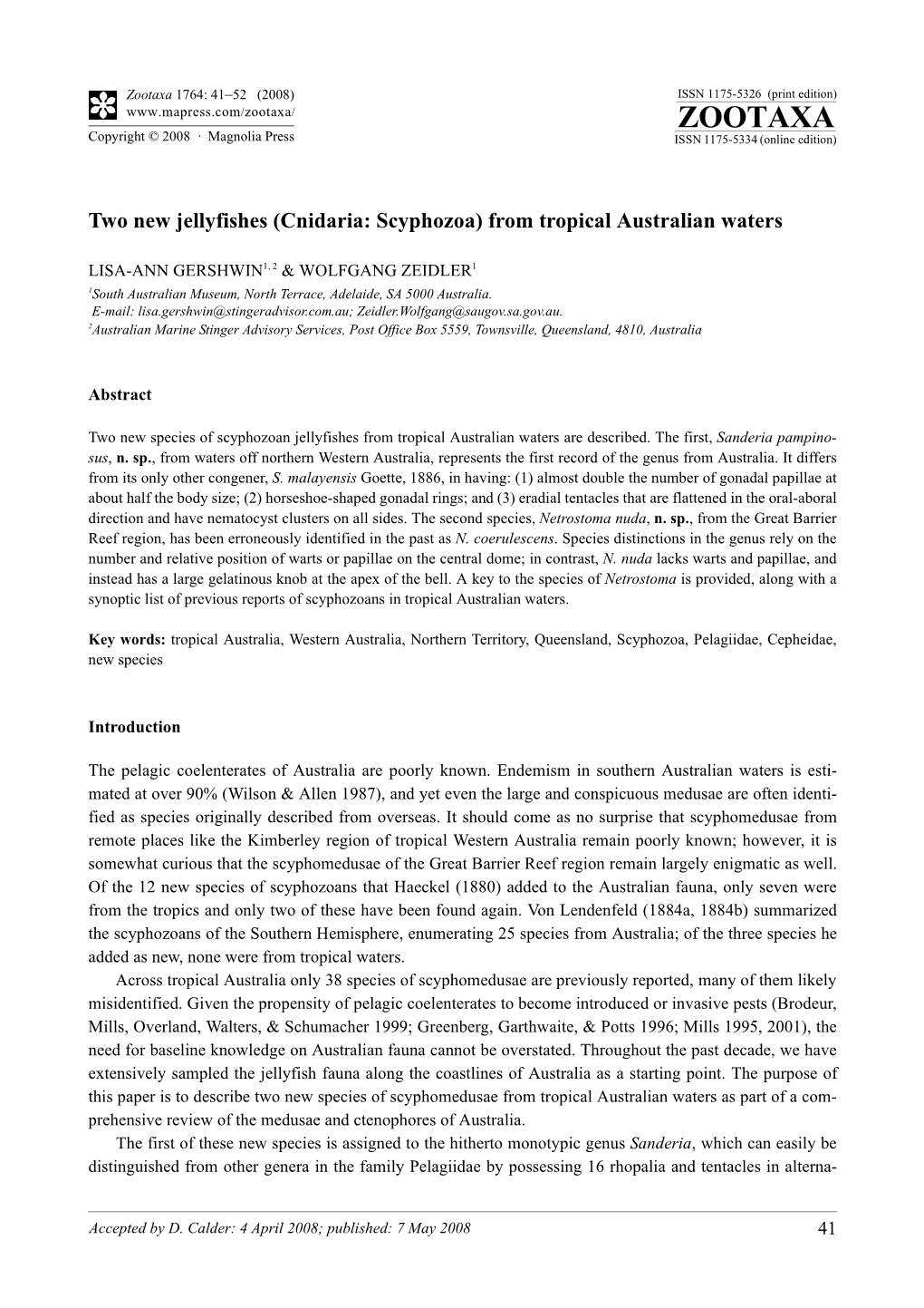 Zootaxa, Two New Jellyfishes (Cnidaria: Scyphozoa) from Tropical