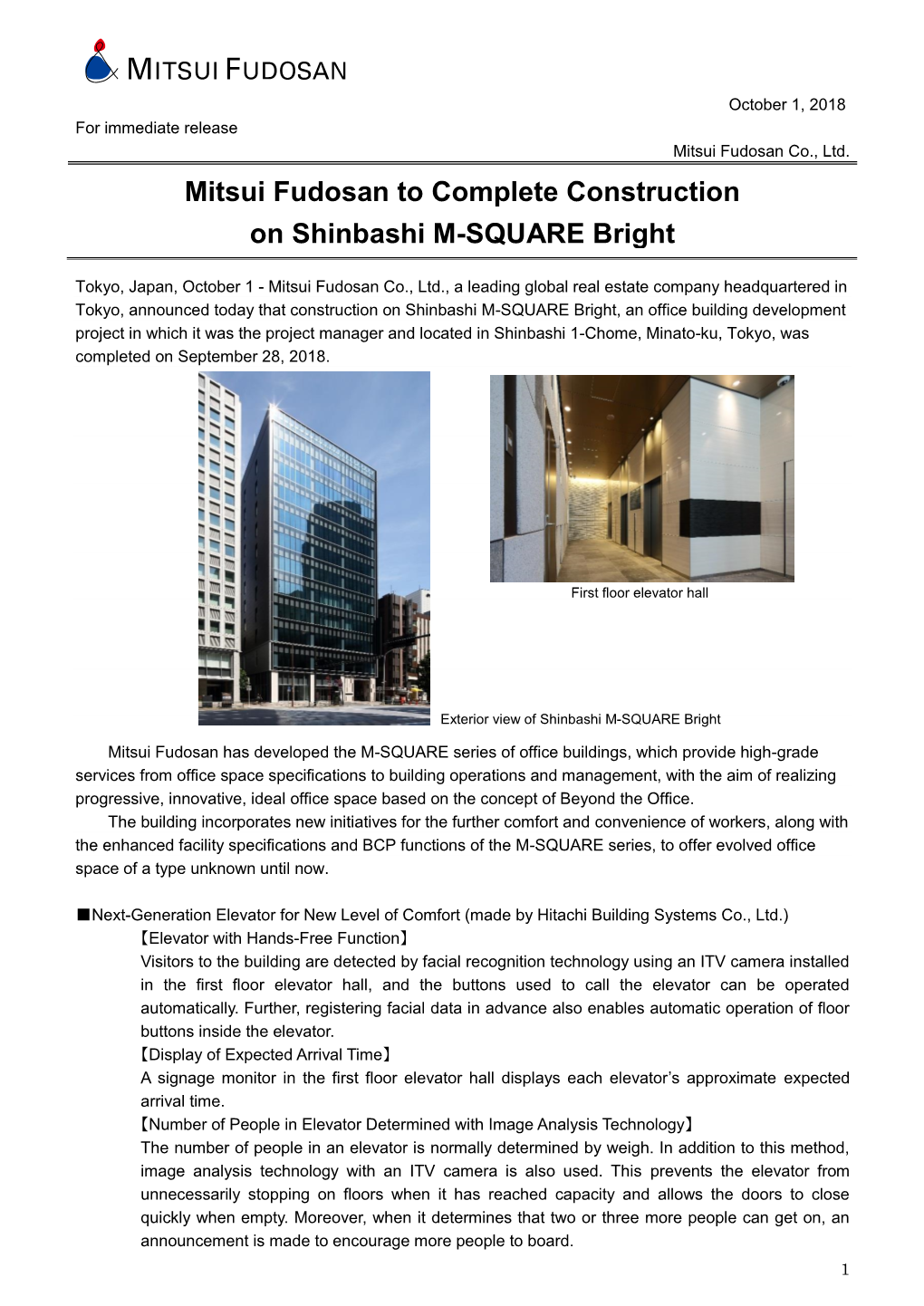 Mitsui Fudosan to Complete Construction on Shinbashi M-SQUARE Bright
