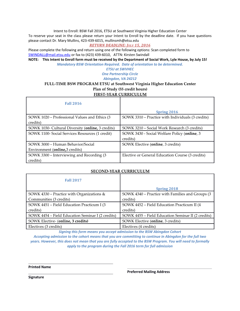 Intent to Enroll: BSW Fall 2016, ETSU at Southwest Virginia Higher Education Center