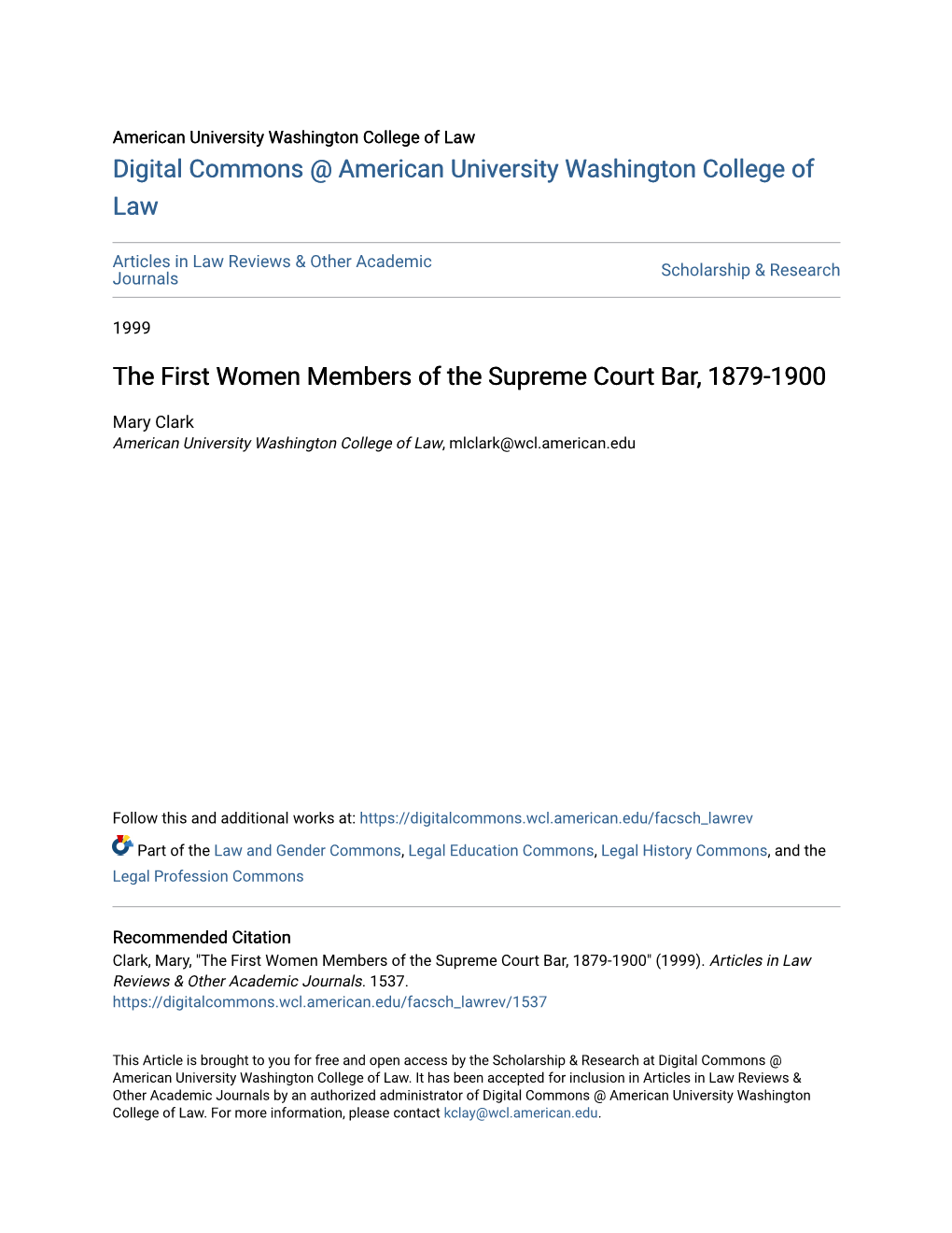 The First Women Members of the Supreme Court Bar, 1879-1900