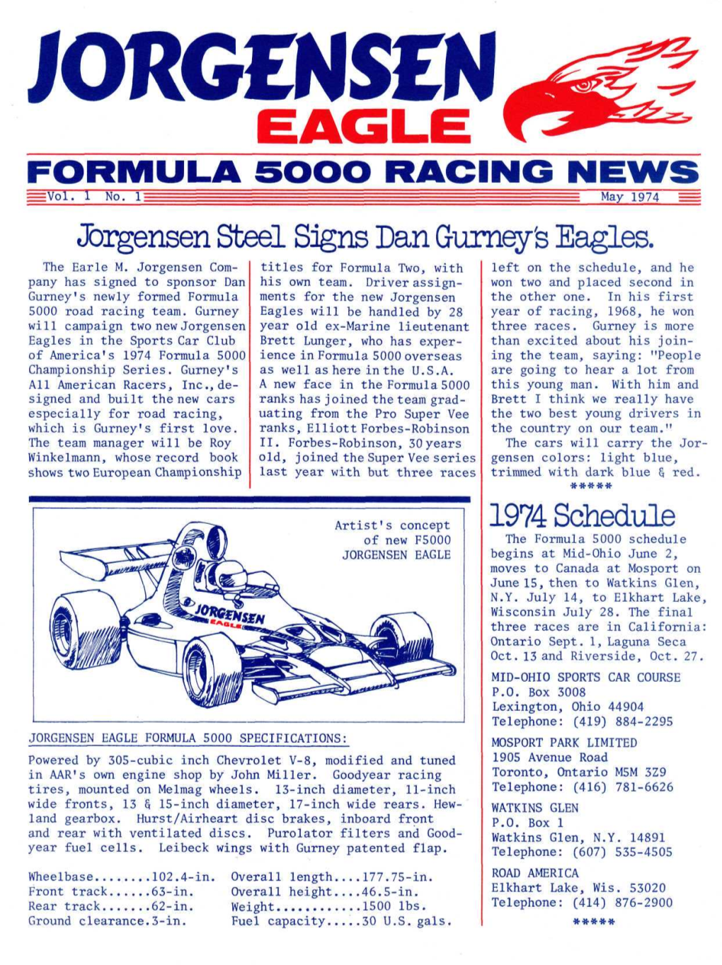 Jbigensen Steal Sogns Dan Gurney's Eagles. 1974 Schedule