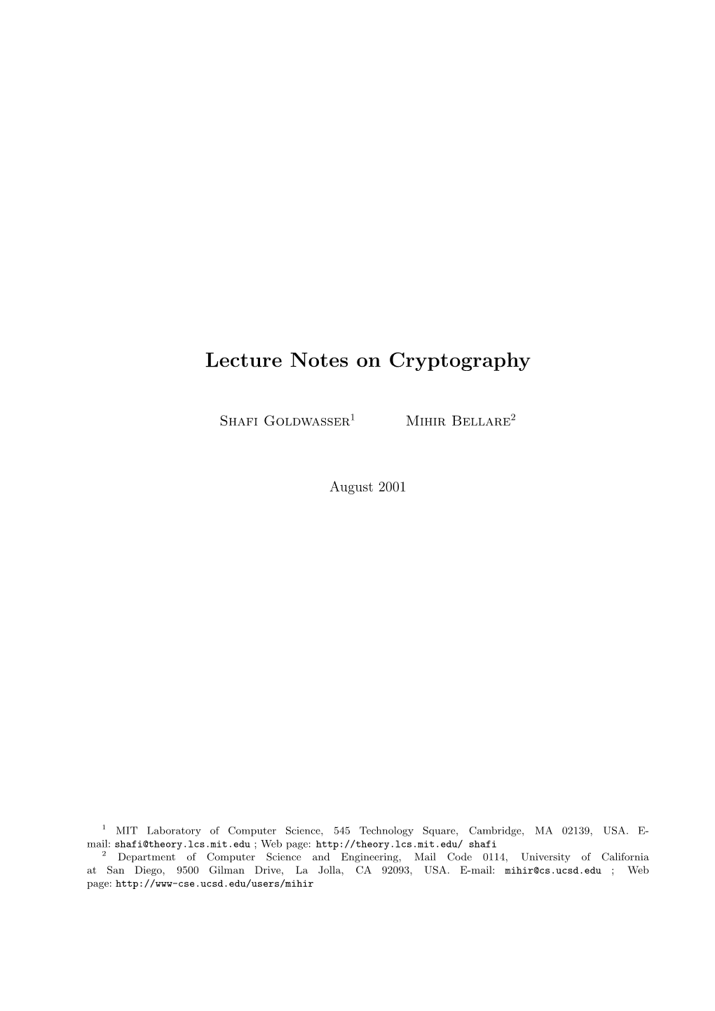 Lecture Notes on Cryptography, by Bellare and Goldwasser