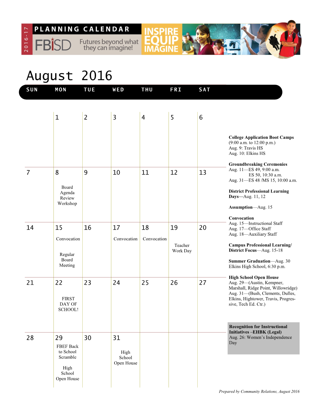 2016-2017 District Planning Calendar