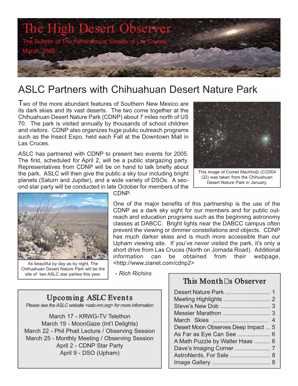 The High Desert Observer the Bulletin of the Astronomical Society of Las Cruces March, 2005