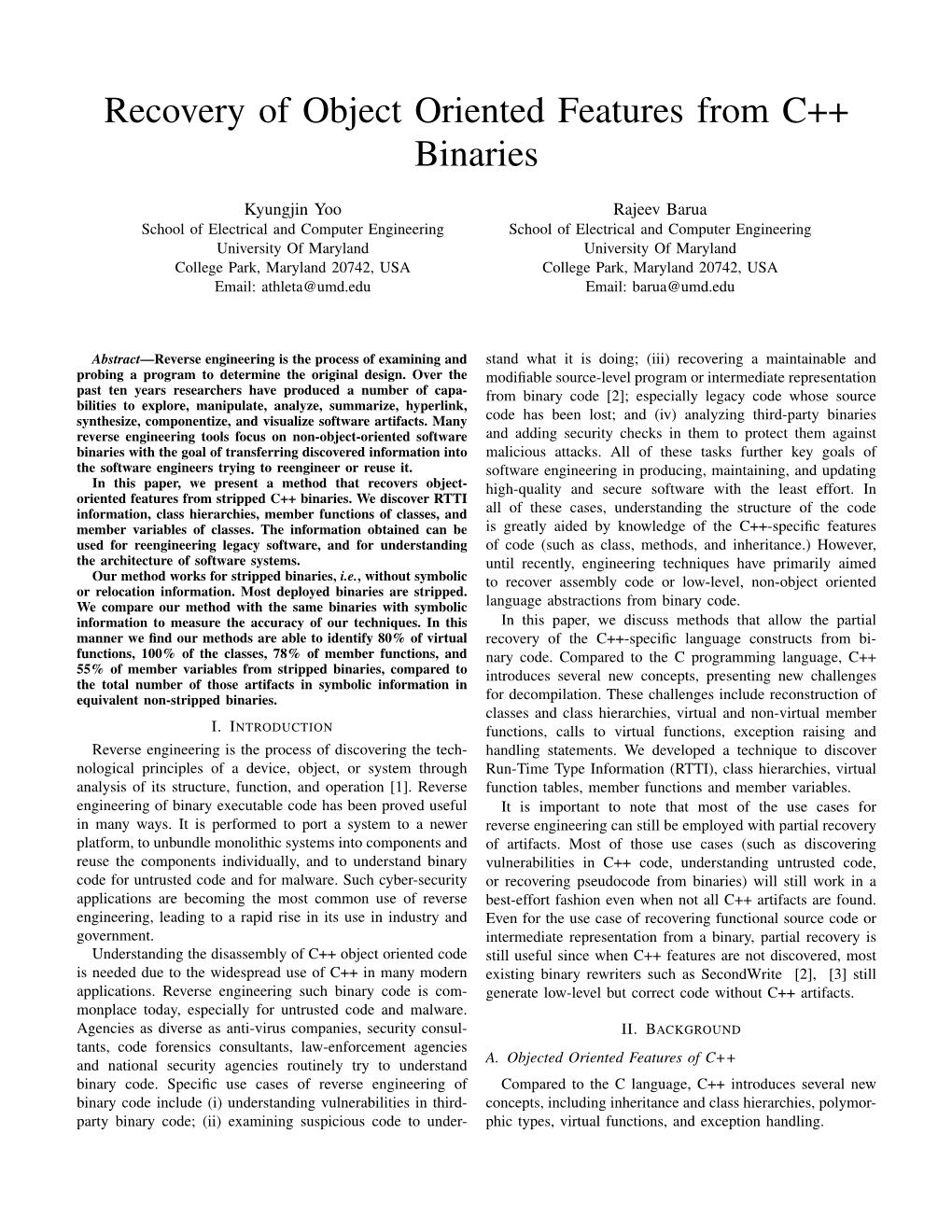 Recovery of Object Oriented Features from C++ Binaries