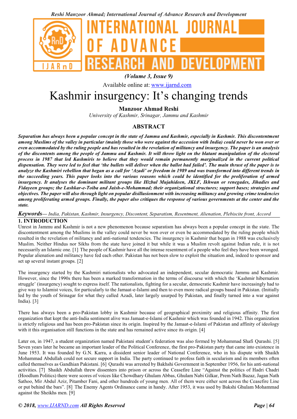 Kashmir Insurgency: It’S Changing Trends Manzoor Ahmad Reshi University of Kashmir, Srinagar, Jammu and Kashmir