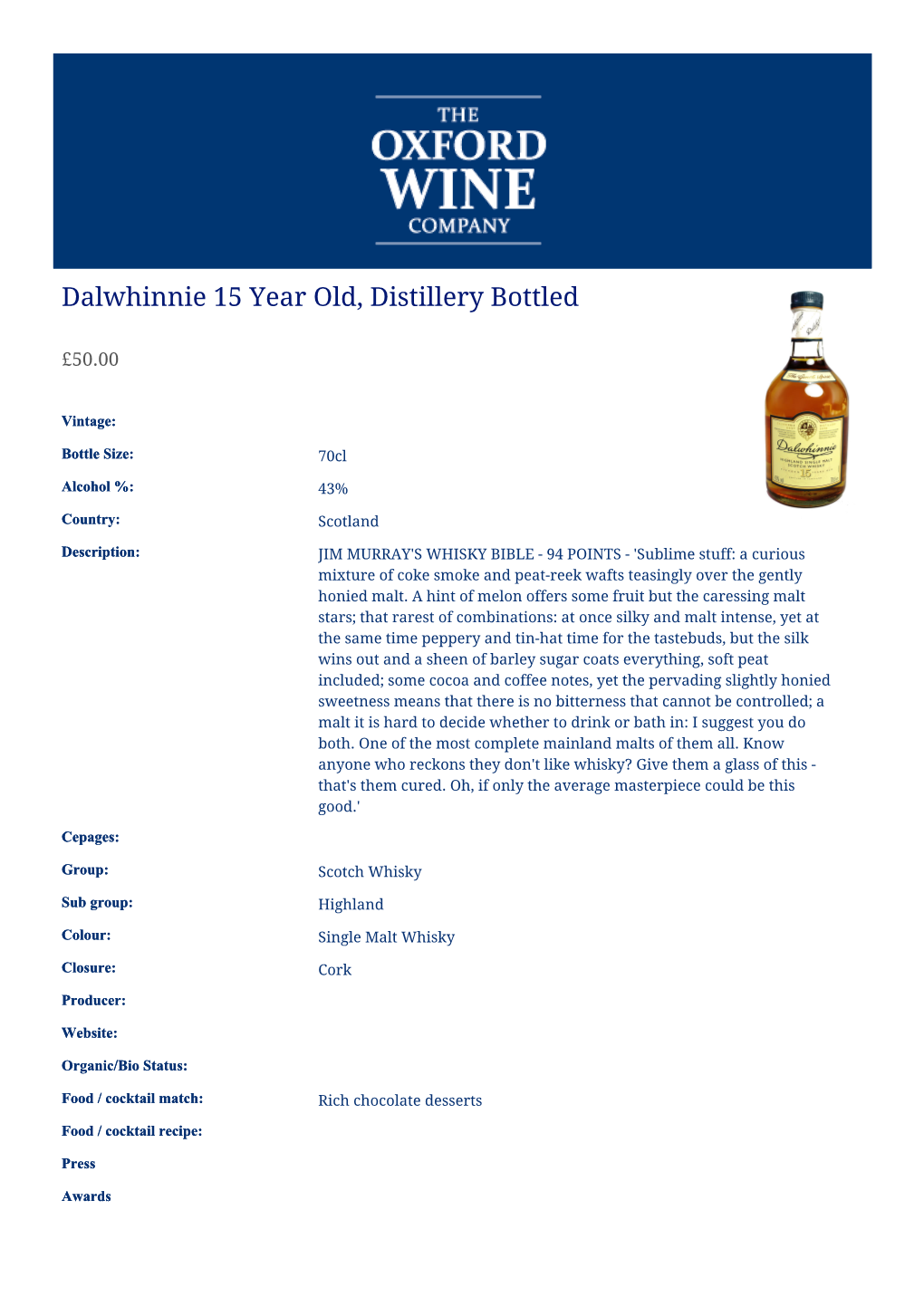 Dalwhinnie 15 Year Old, Distillery Bottled