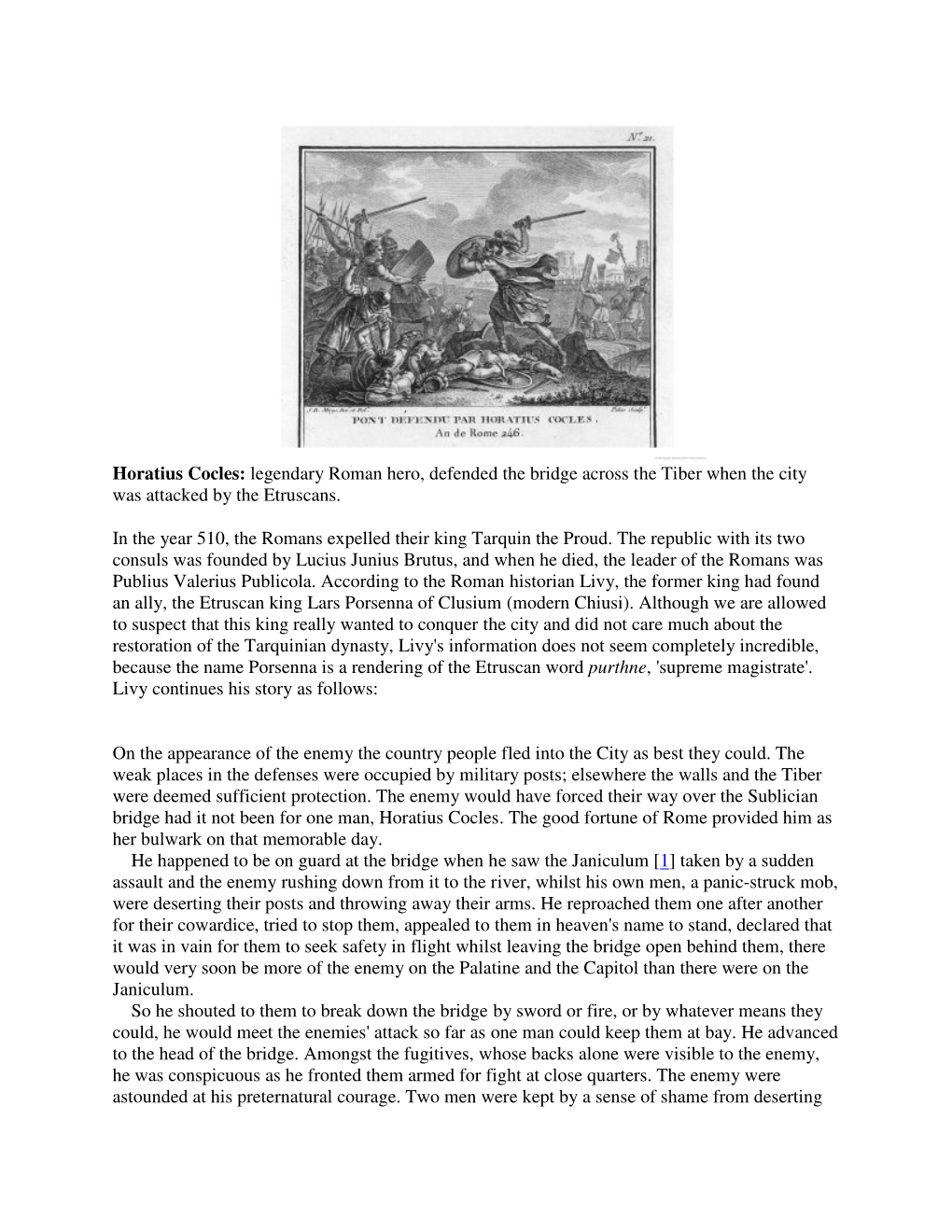 Horatius Cocles: Legendary Roman Hero, Defended the Bridge Across the Tiber When the City Was Attacked by the Etruscans