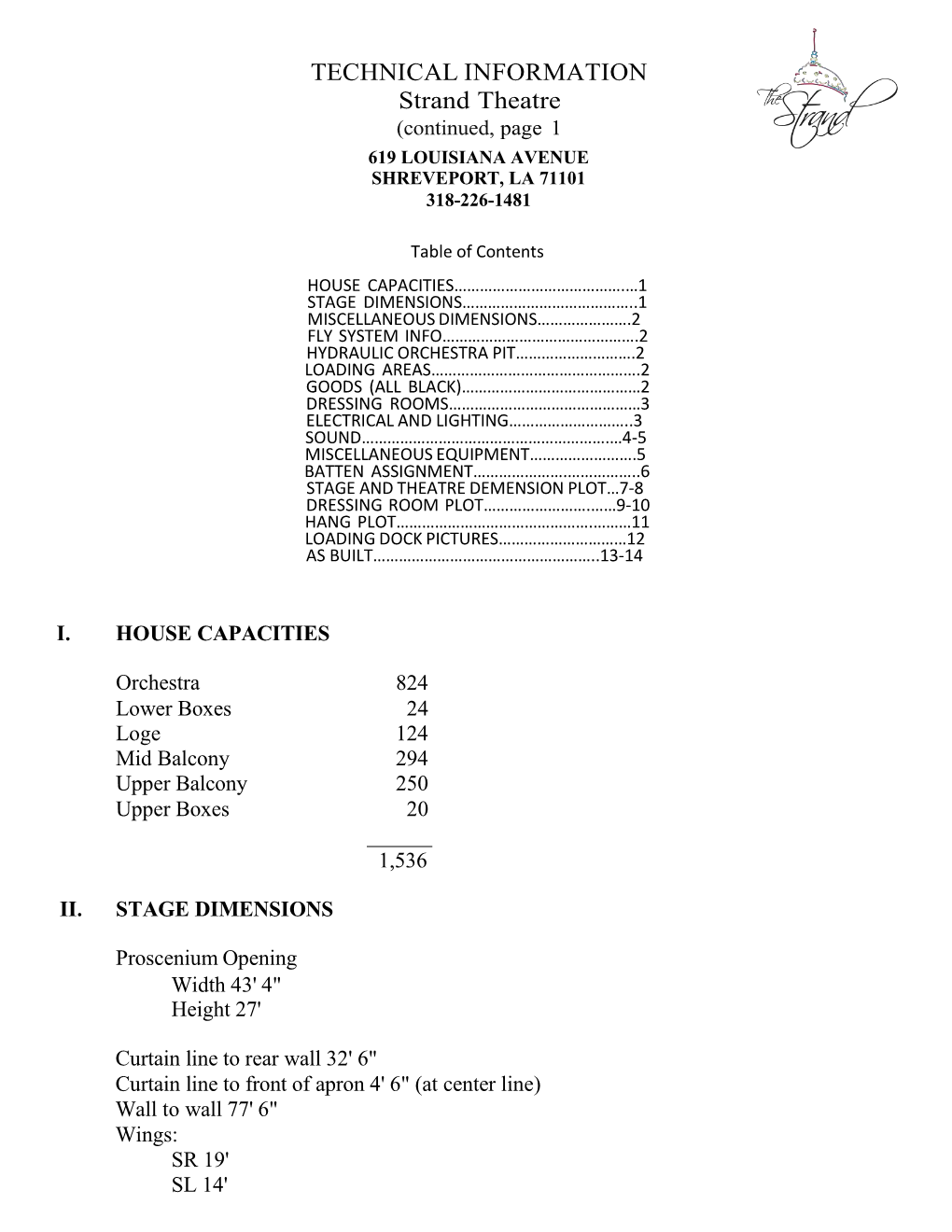 TECHNICAL INFORMATION Strand Theatre (Continued, Page 1 619 LOUISIANA AVENUE SHREVEPORT, LA 71101 318-226-1481