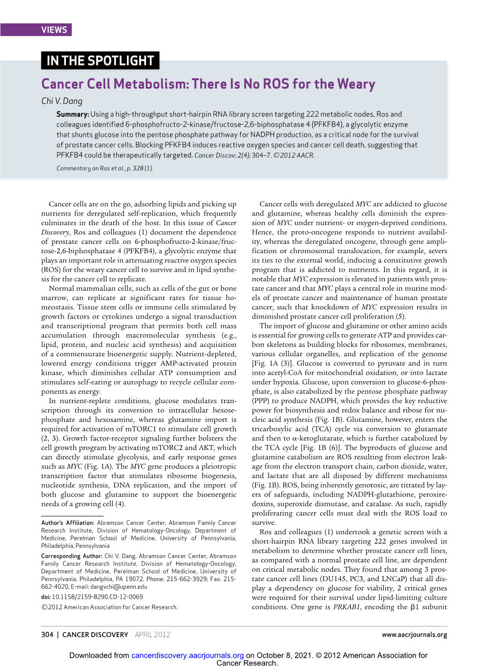 Cancer Cell Metabolism: There Is No ROS for the Weary Chi V