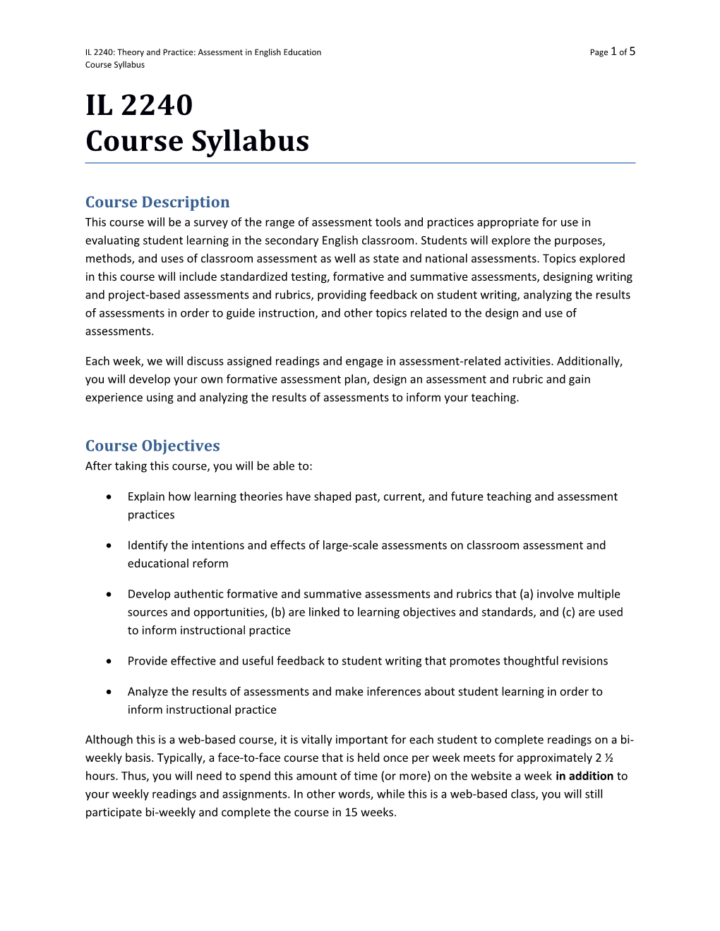 IL 2240: Theory and Practice: Assessment in English Educationpage 1 of 3