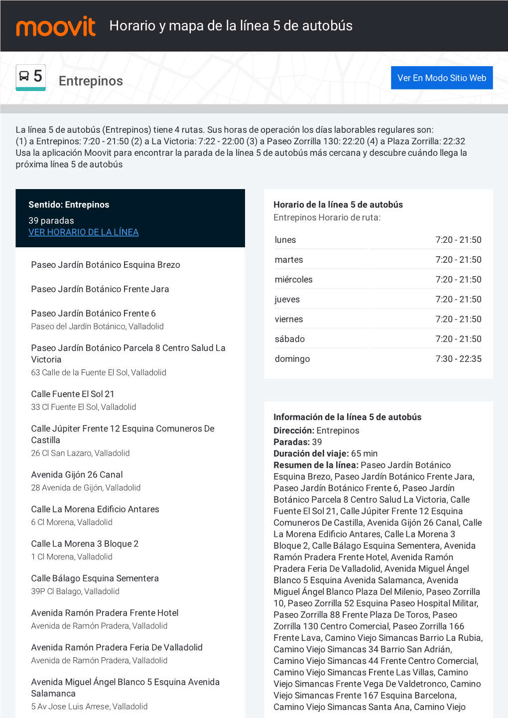 Horario Y Mapa De La Línea 5 De Autobús