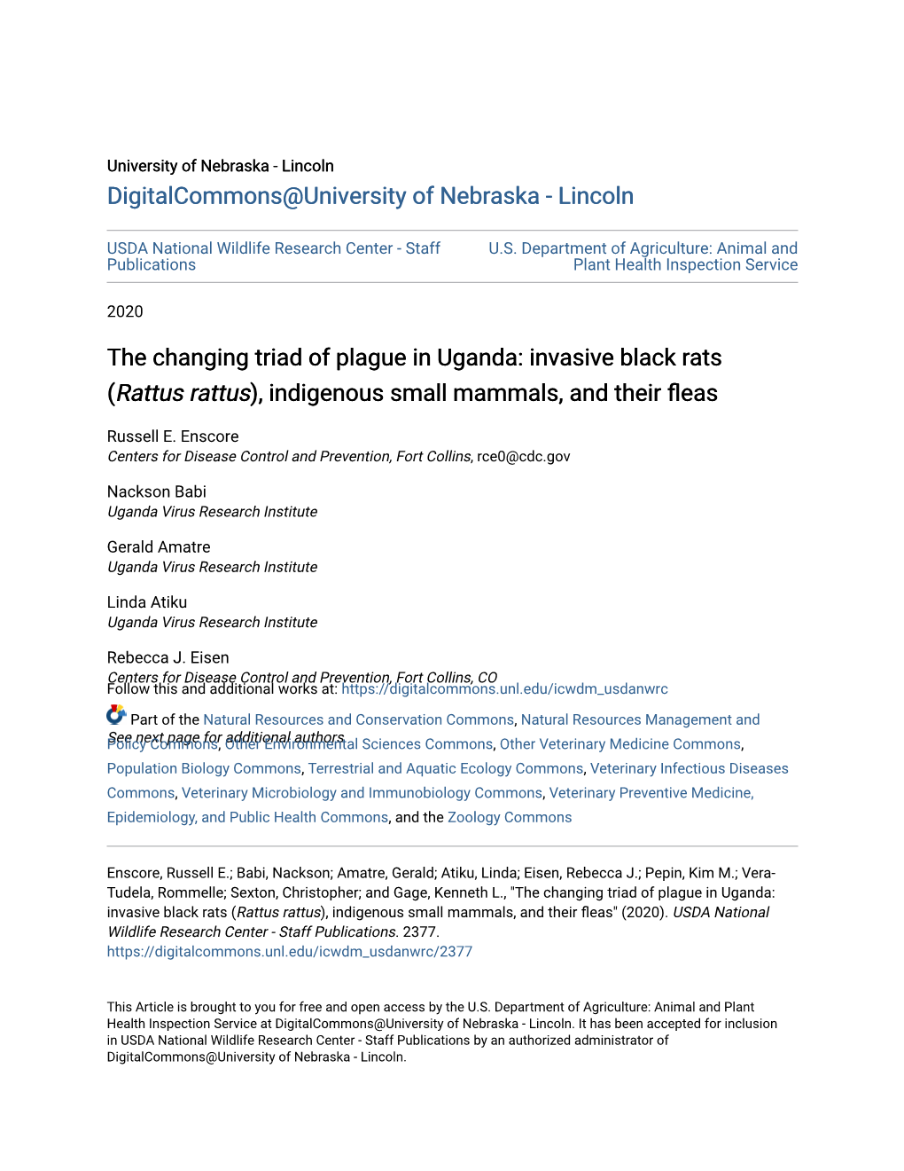 The Changing Triad of Plague in Uganda: Invasive Black Rats (Rattus Rattus), Indigenous Small Mammals, and Their Fleas