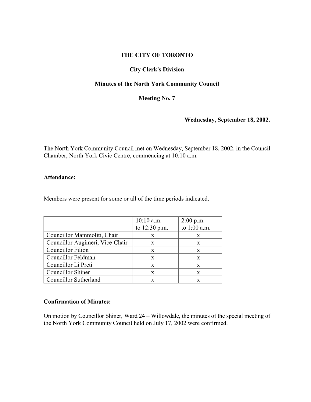 Minutes of the North York Community Council