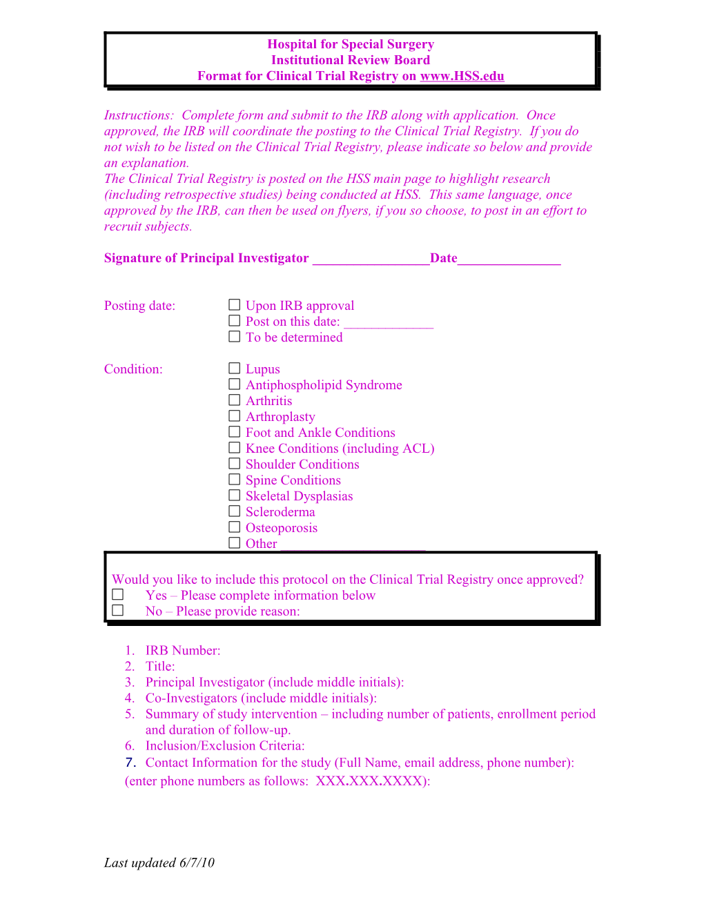 Format for Clinical Trial Registry on Www