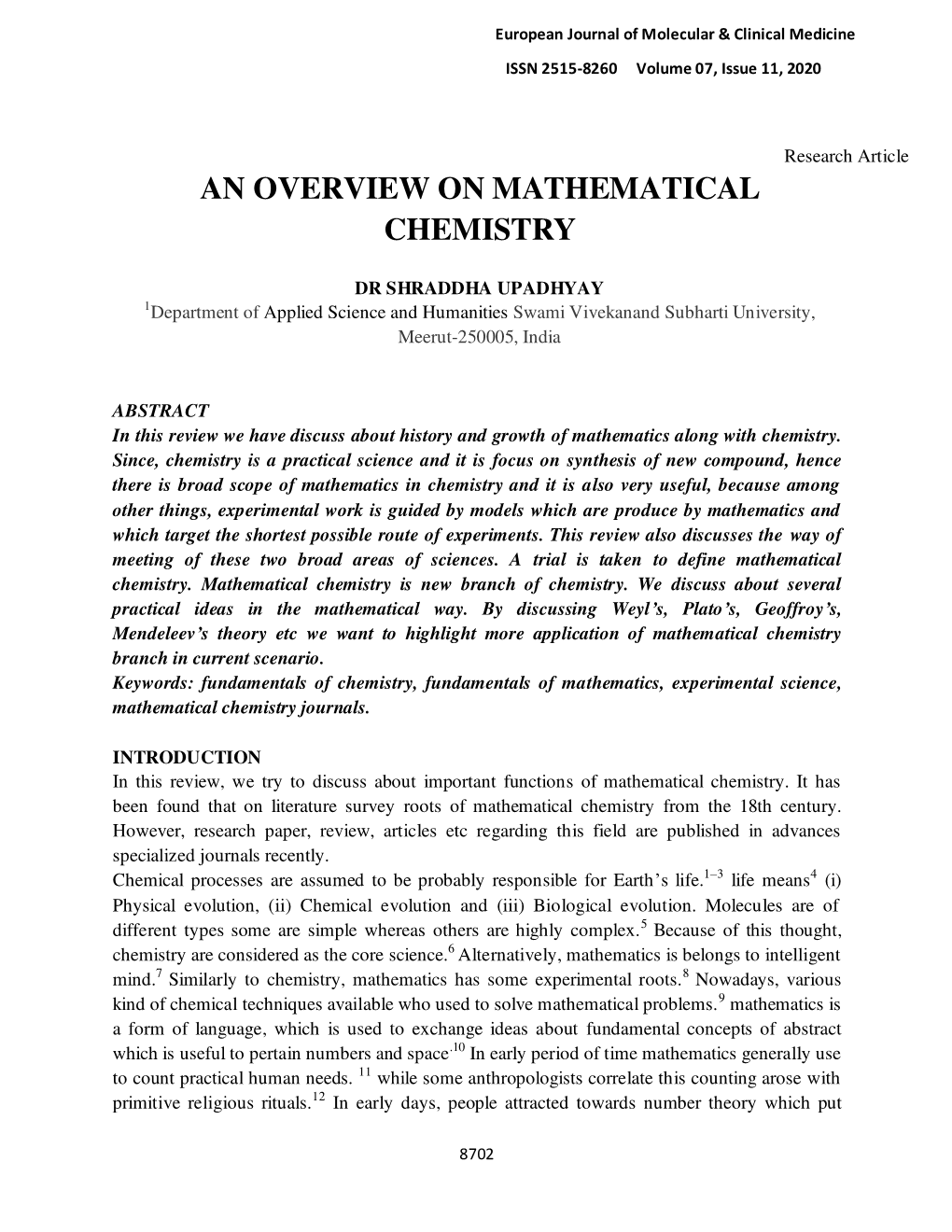 An Overview on Mathematical Chemistry