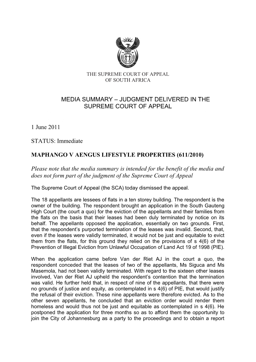 Today, 18 May 2004, the Supreme Court of Appeal Will Hear the Appeal of Mr Jongisile Fonjana s3