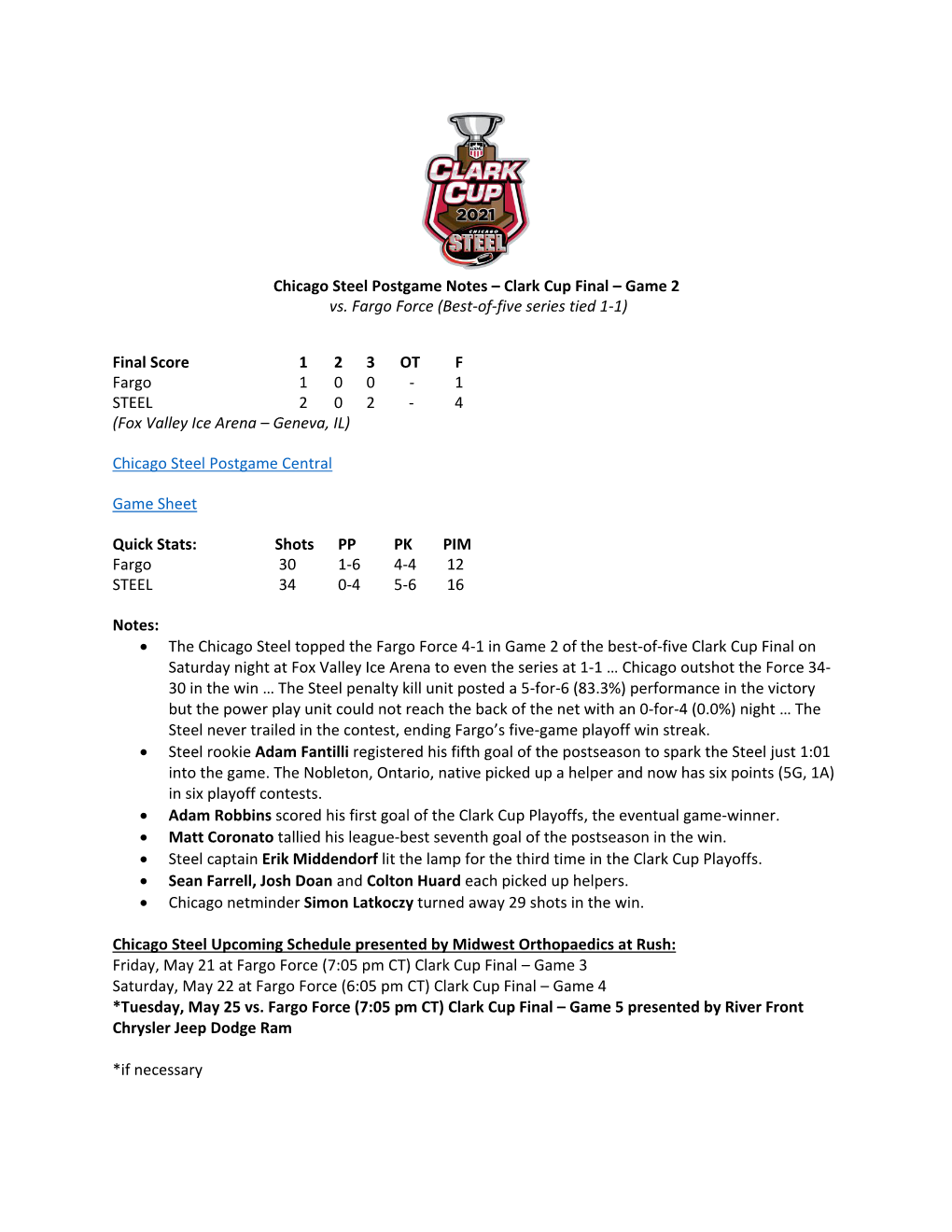 Chicago Steel Postgame Notes – Clark Cup Final – Game 2 Vs. Fargo Force (Best-Of-Five Series Tied 1-1)