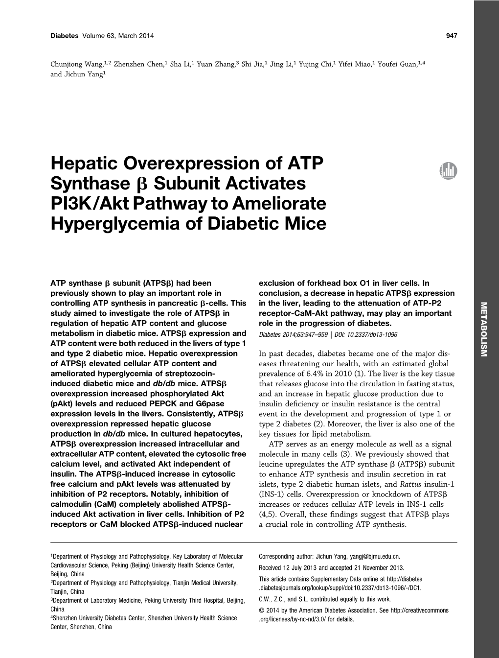 Hepatic Overexpression of ATP Synthase B Subunit Activates PI3K/Akt Pathway to Ameliorate Hyperglycemia of Diabetic Mice