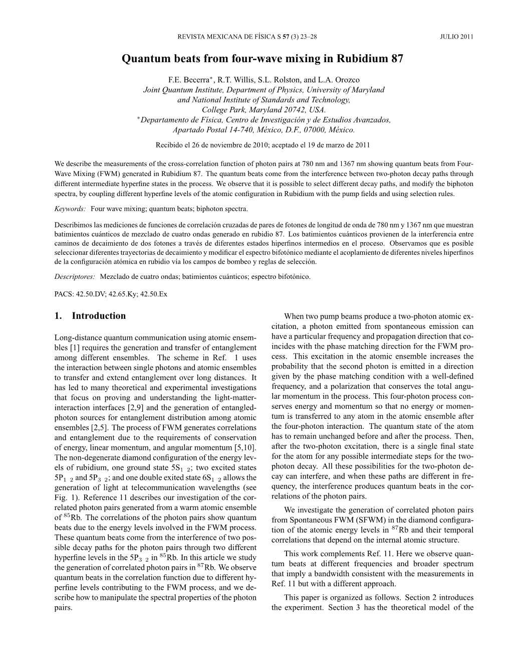 Quantum Beats from Four-Wave Mixing in Rubidium 87