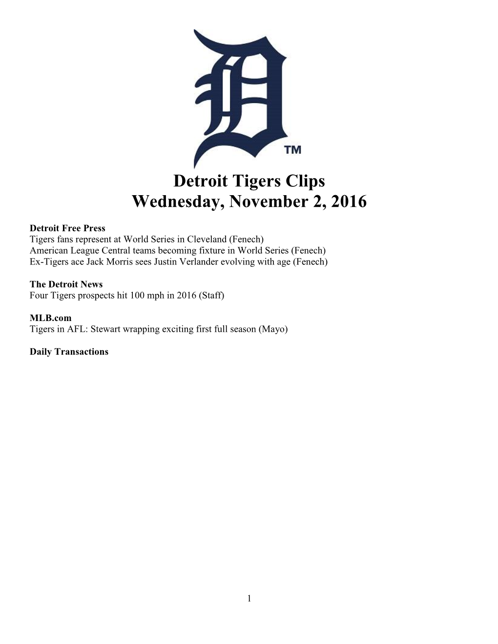 Detroit Tigers Clips Wednesday, November 2, 2016