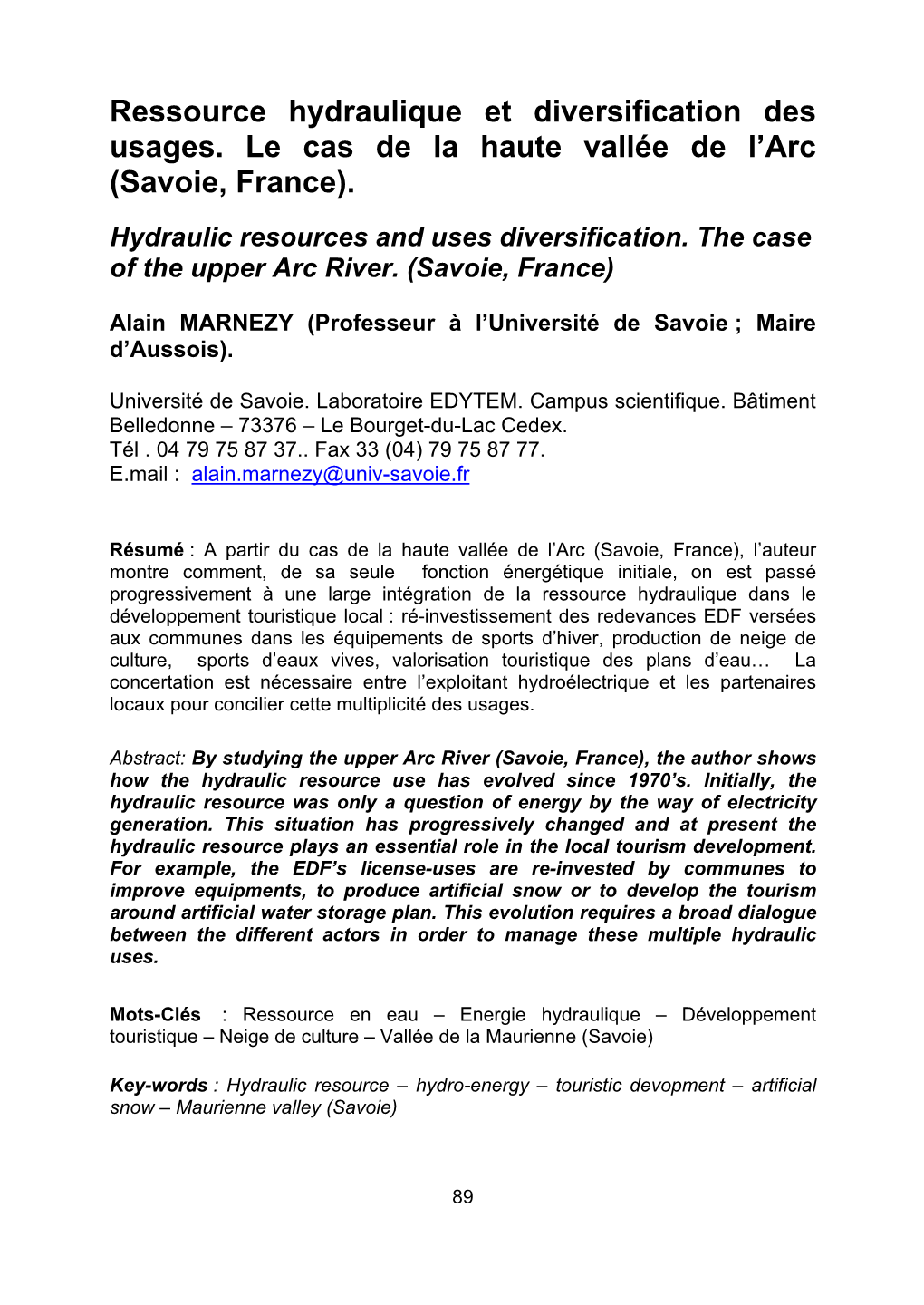 Ressource Hydraulique Et Diversification Des Usages. Le Cas De La Haute Vallée De L’Arc (Savoie, France)