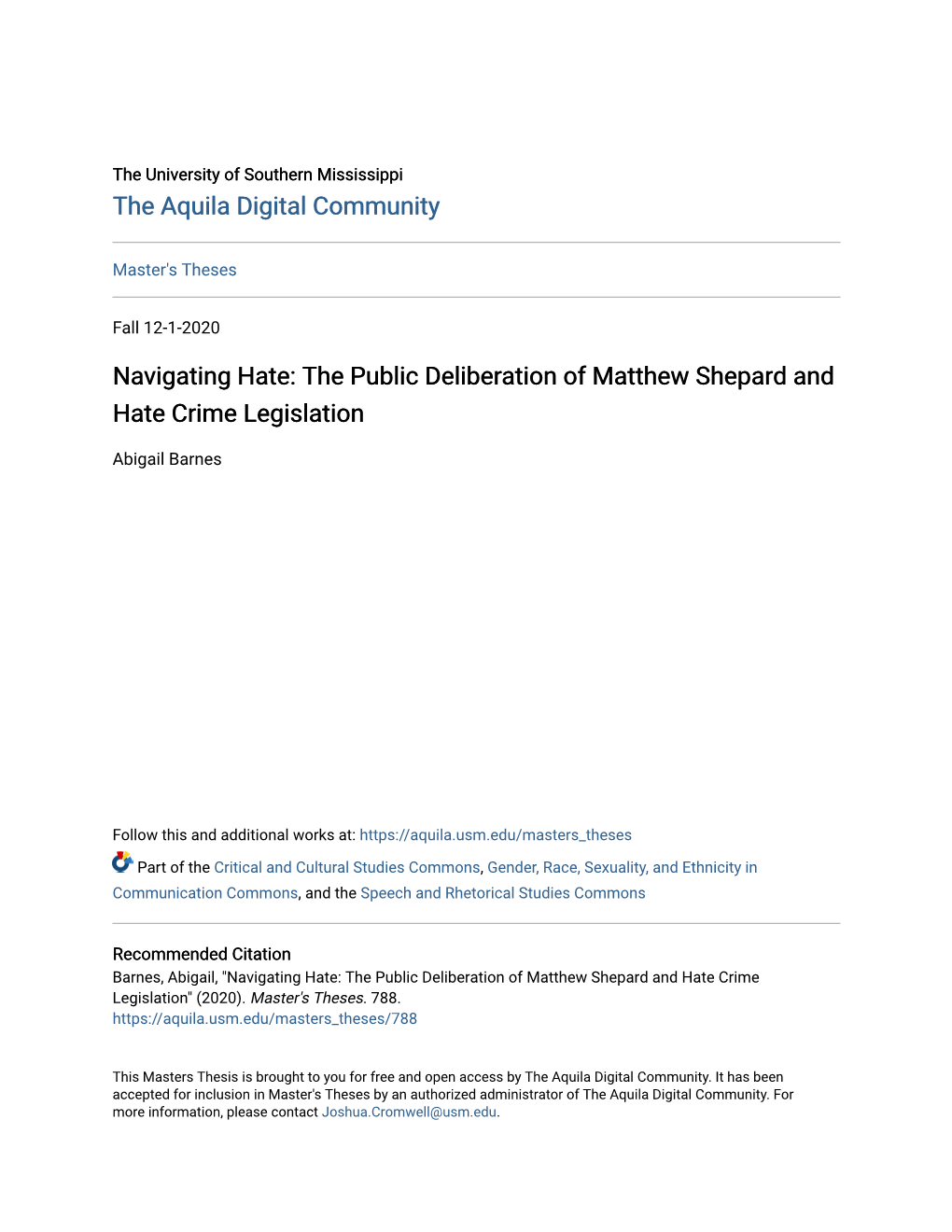 The Public Deliberation of Matthew Shepard and Hate Crime Legislation