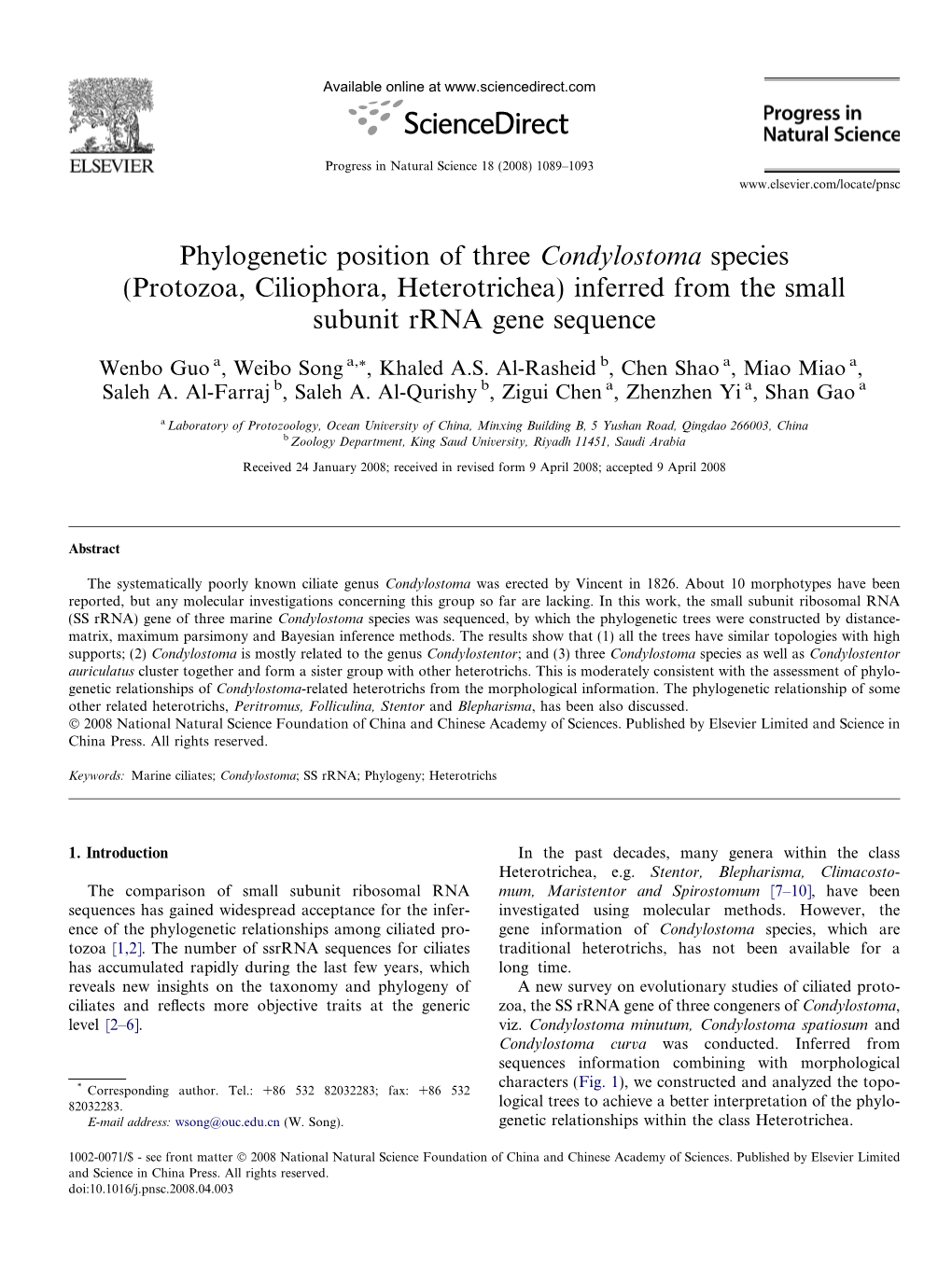 Phylogenetic Position of Three Condylostoma Species (Protozoa, Ciliophora, Heterotrichea) Inferred from the Small Subunit Rrna Gene Sequence