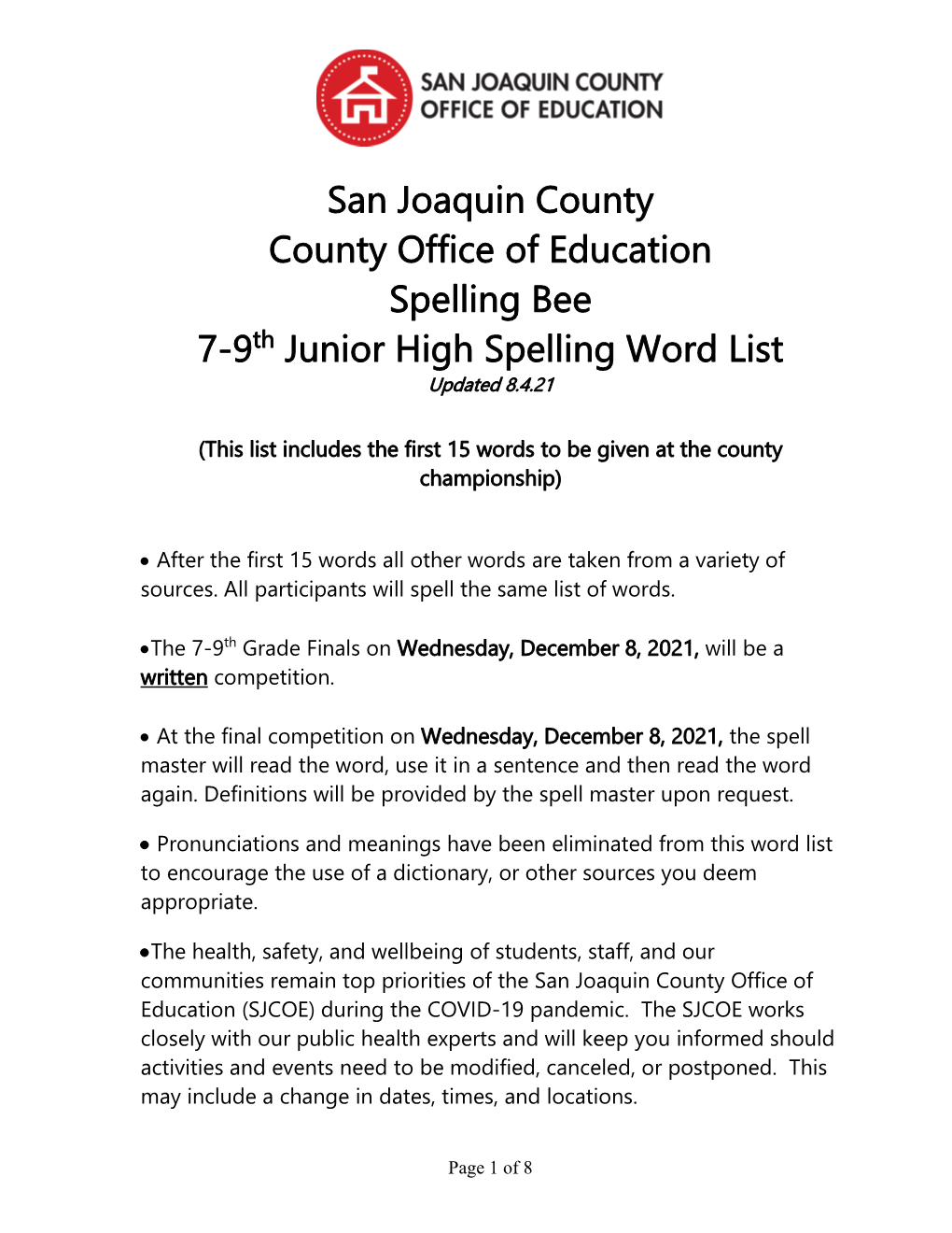 Junior High Spelling Bee Practice Word List