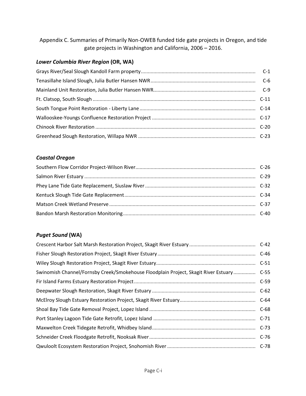 Appendix C. Summaries of Primarily Non-OWEB Funded Tide Gate Projects in Oregon, and Tide Gate Projects in Washington and California, 2006 – 2016