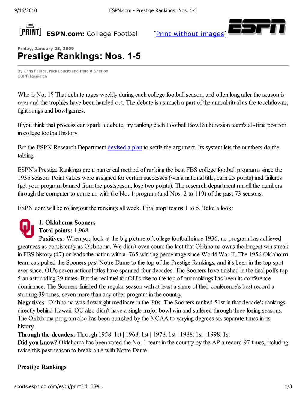 Prestige Rankings: Nos
