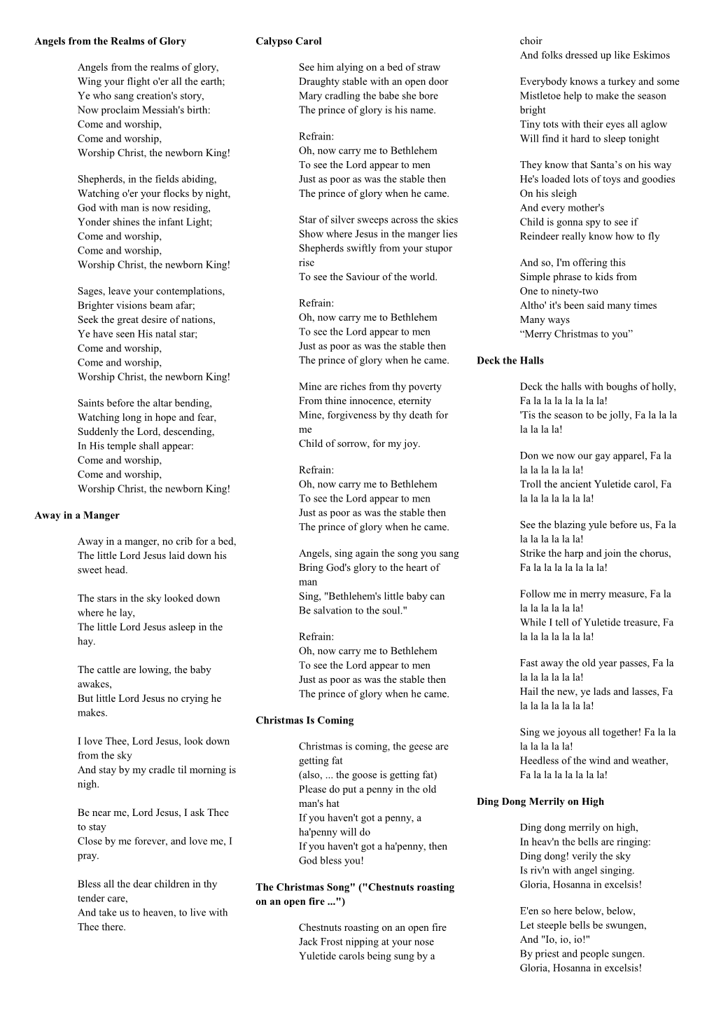 Carol Lyrics Sheet