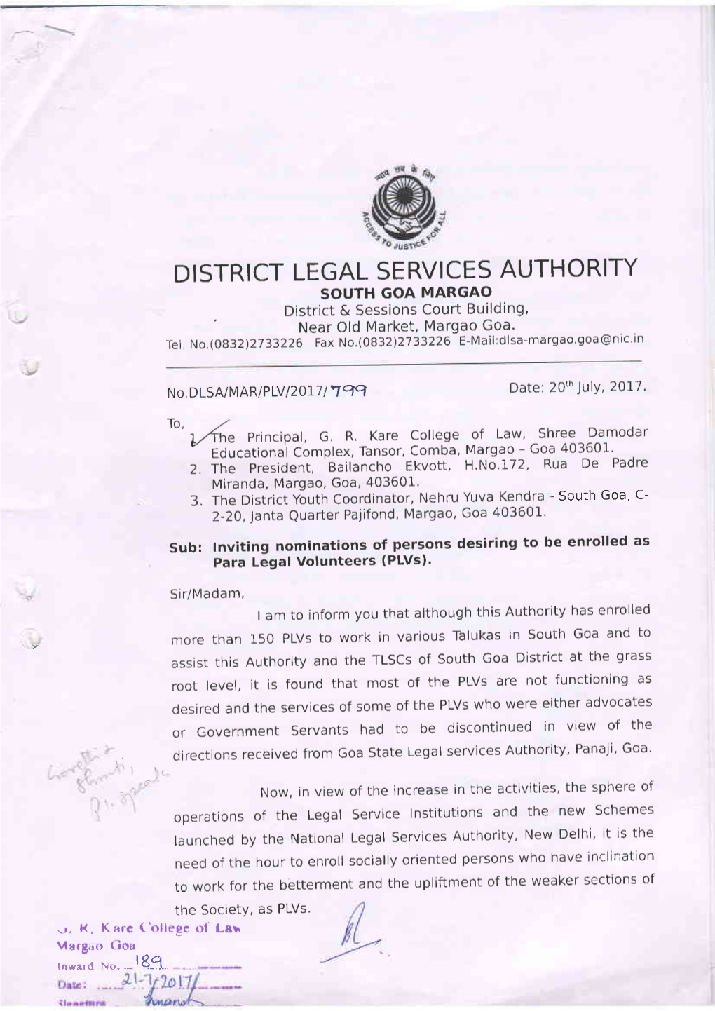 DISTRICT LEGAL SERVICES AUTHORITY SOUTH GOA MARGAO District & Sessions Court Building, ' Near Old Market, Margao Goa' Goa@Nic in Tel