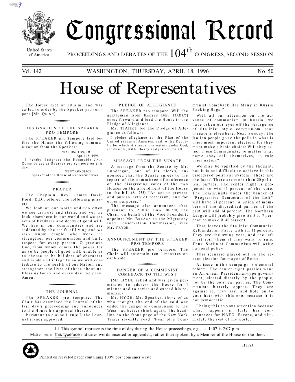 Congressional Record United States Th of America PROCEEDINGS and DEBATES of the 104 CONGRESS, SECOND SESSION