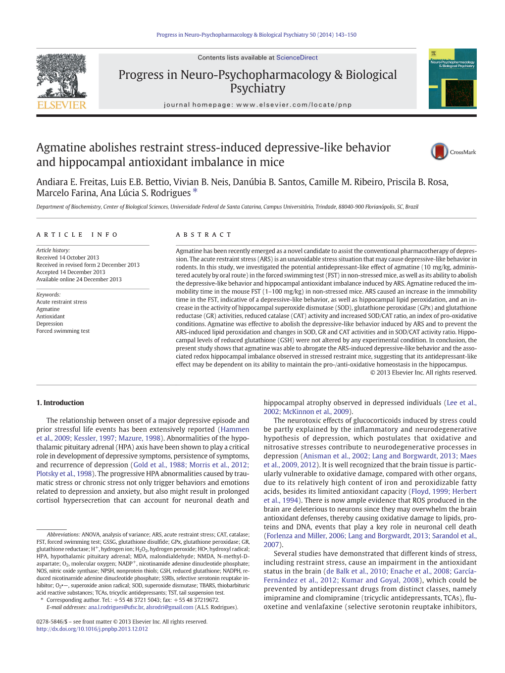 Agmatine Abolishes Restraint Stress-Induced Depressive-Like Behavior and Hippocampal Antioxidant Imbalance in Mice