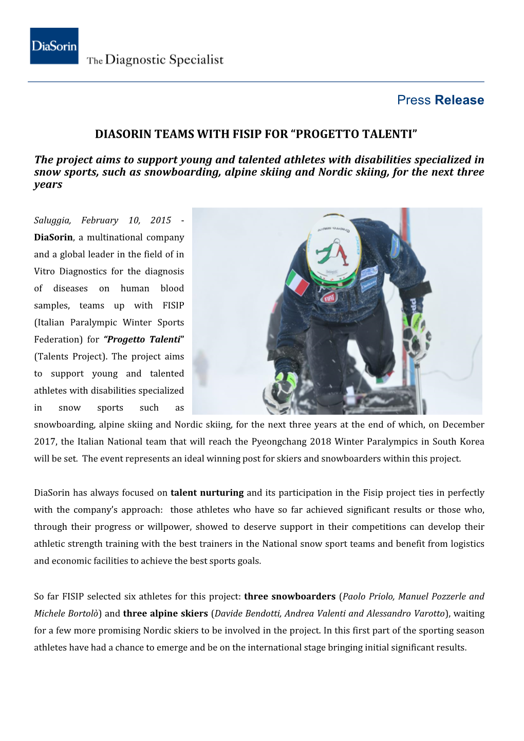 Diasorin Teams with FISIP for Progetto Talenti