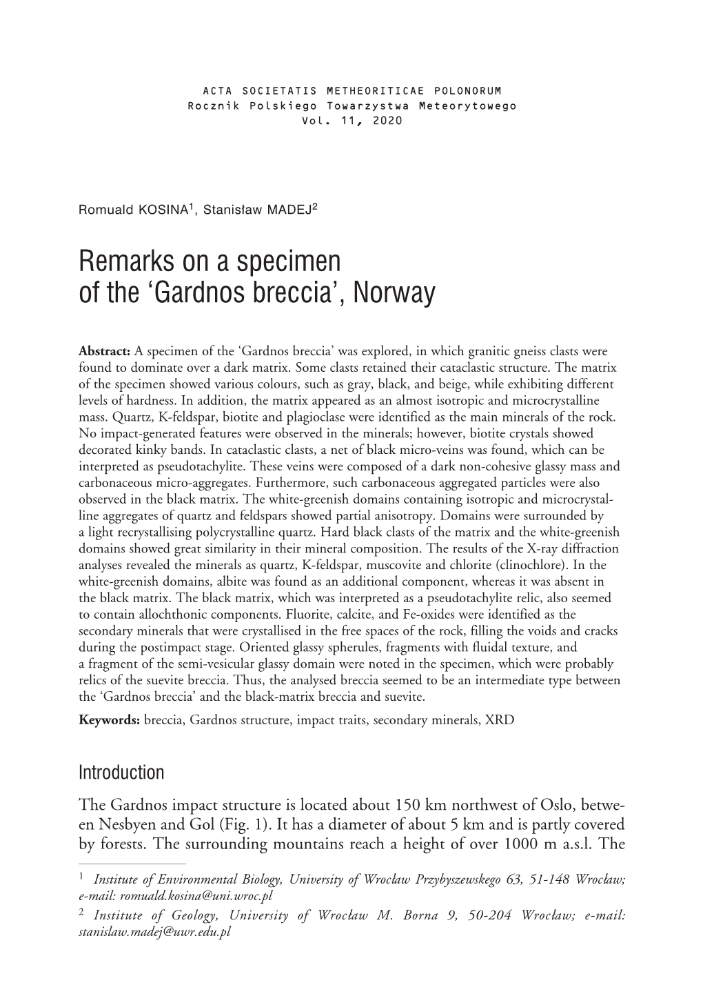 Remarks on a Specimen of the 'Gardnos Breccia', Norway