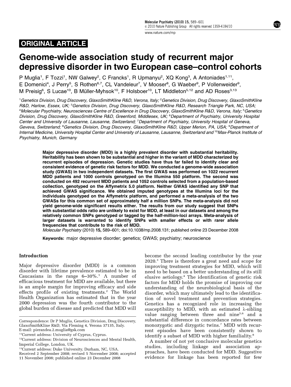 Genome-Wide Association Study of Recurrent Major Depressive