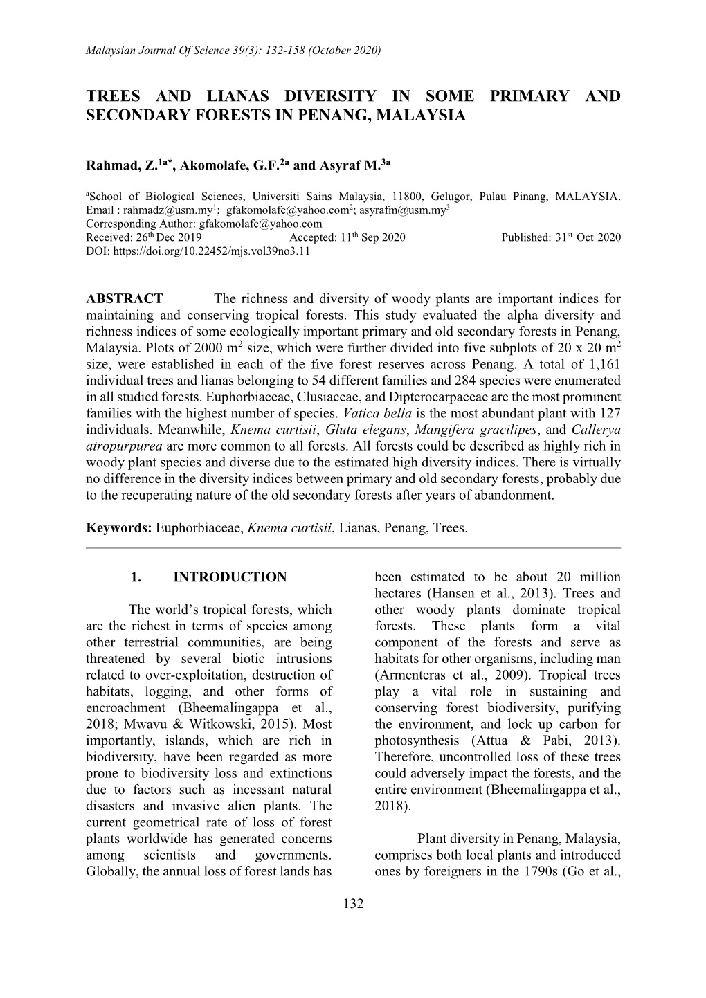 Trees and Lianas Diversity in Some Primary and Secondary Forests in Penang, Malaysia