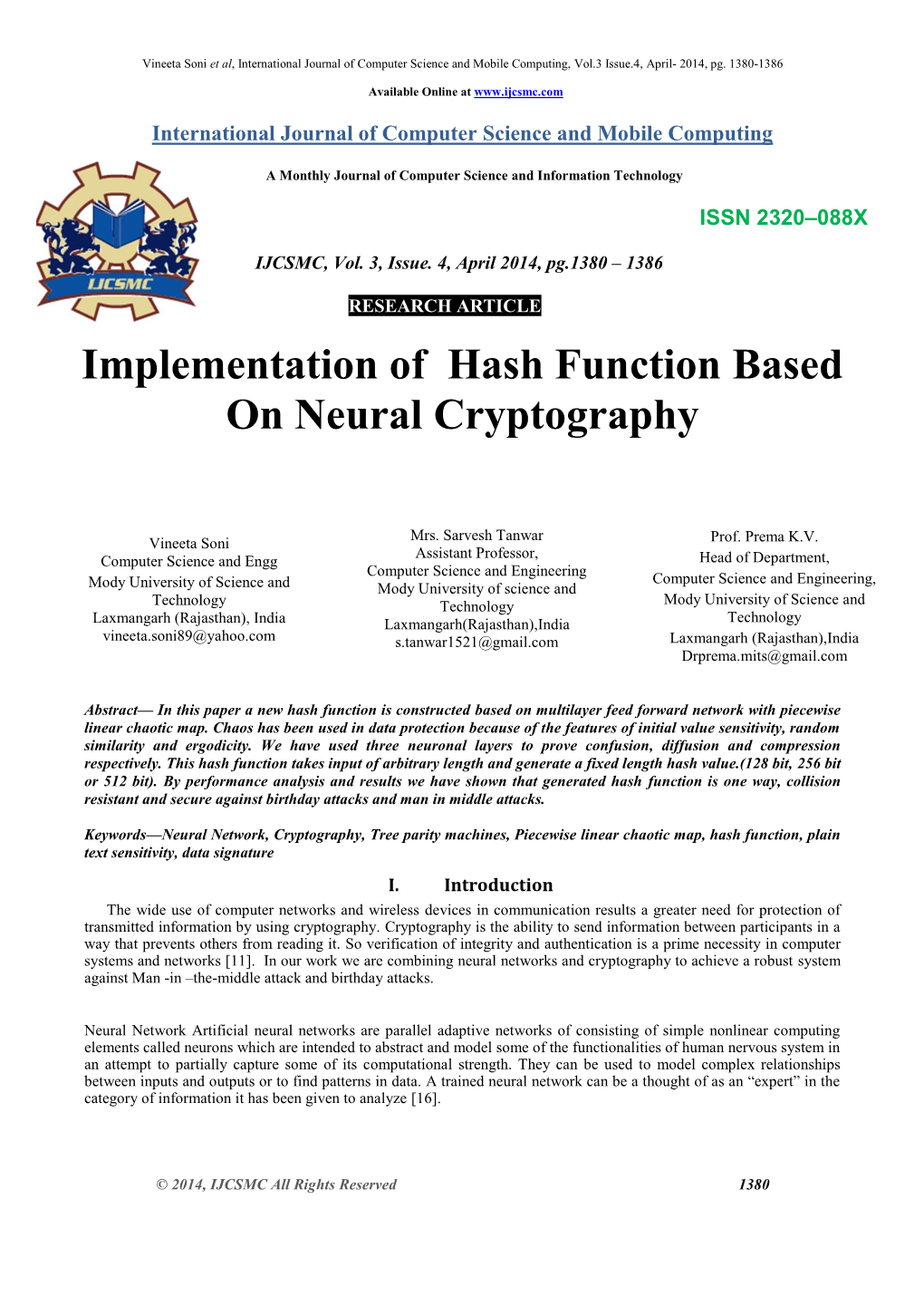 Implementation of Hash Function Based on Neural Cryptography