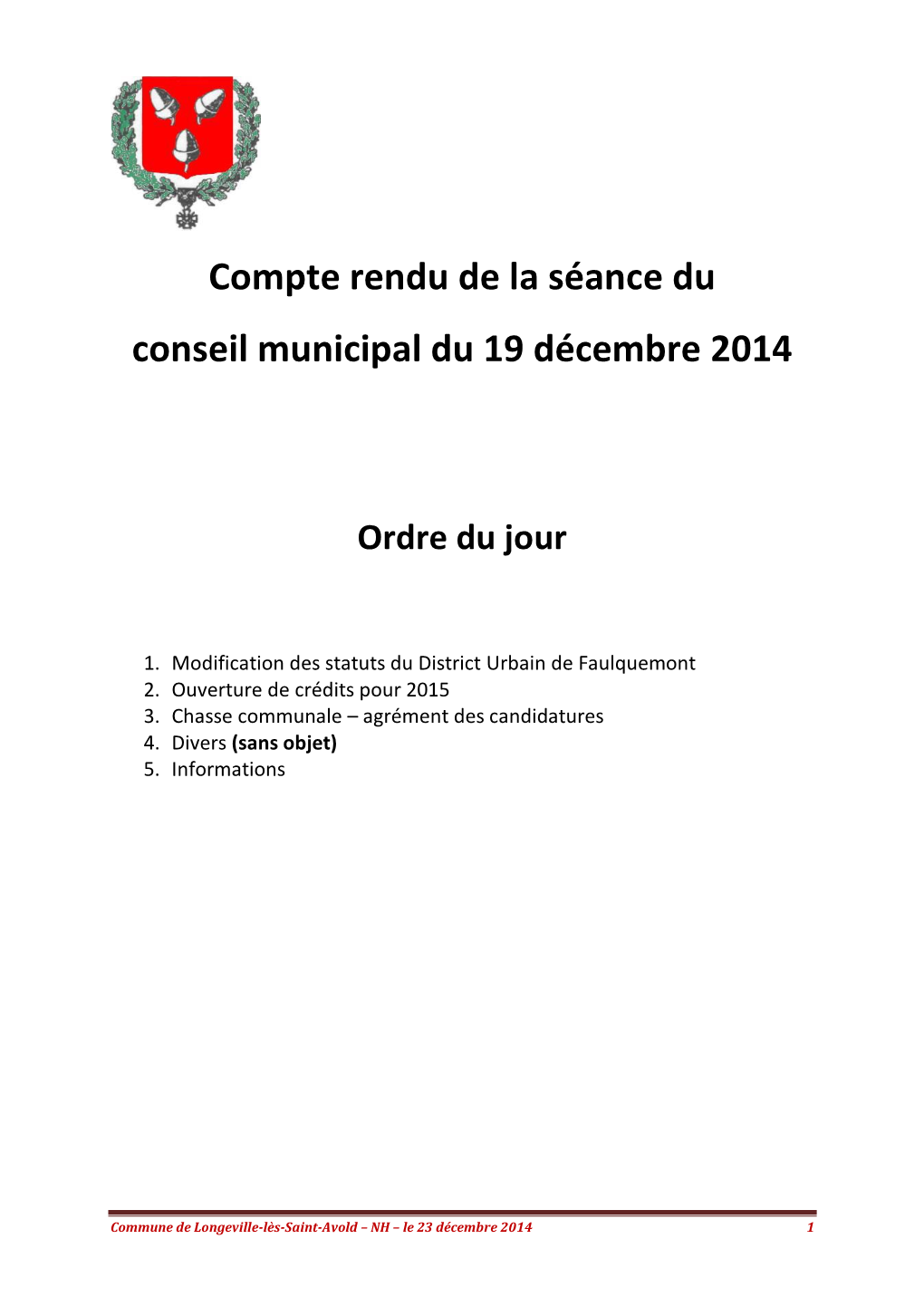 Compte Rendu De La Séance Du Conseil Municipal Du 19 Décembre 2014