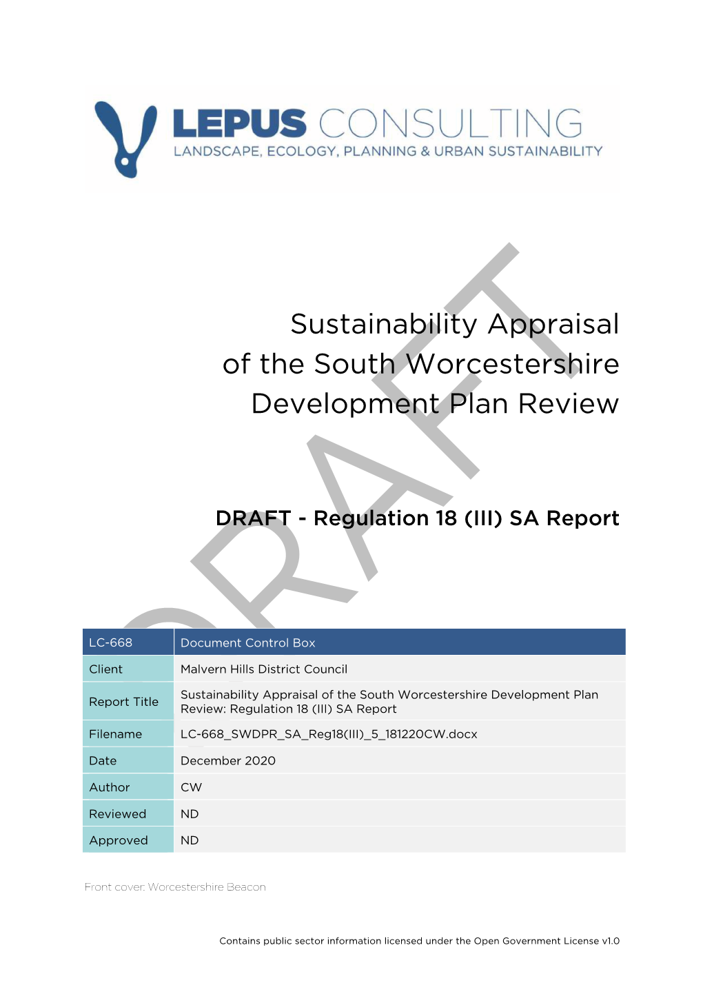 Sustainability Appraisal of the South Worcestershire Development Plan Review