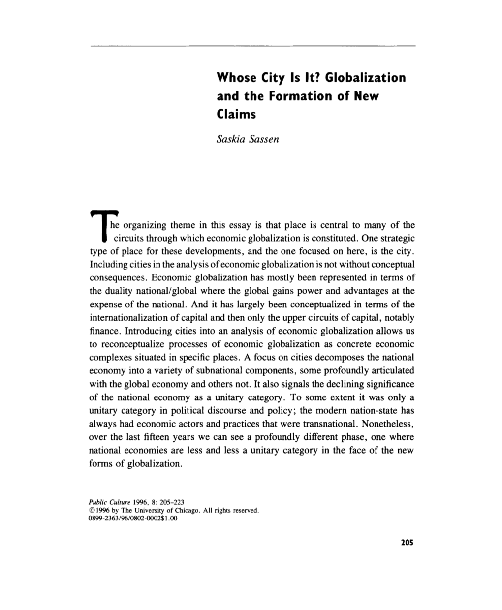 Whose City Is It? Globalization and the Formation of New Claims